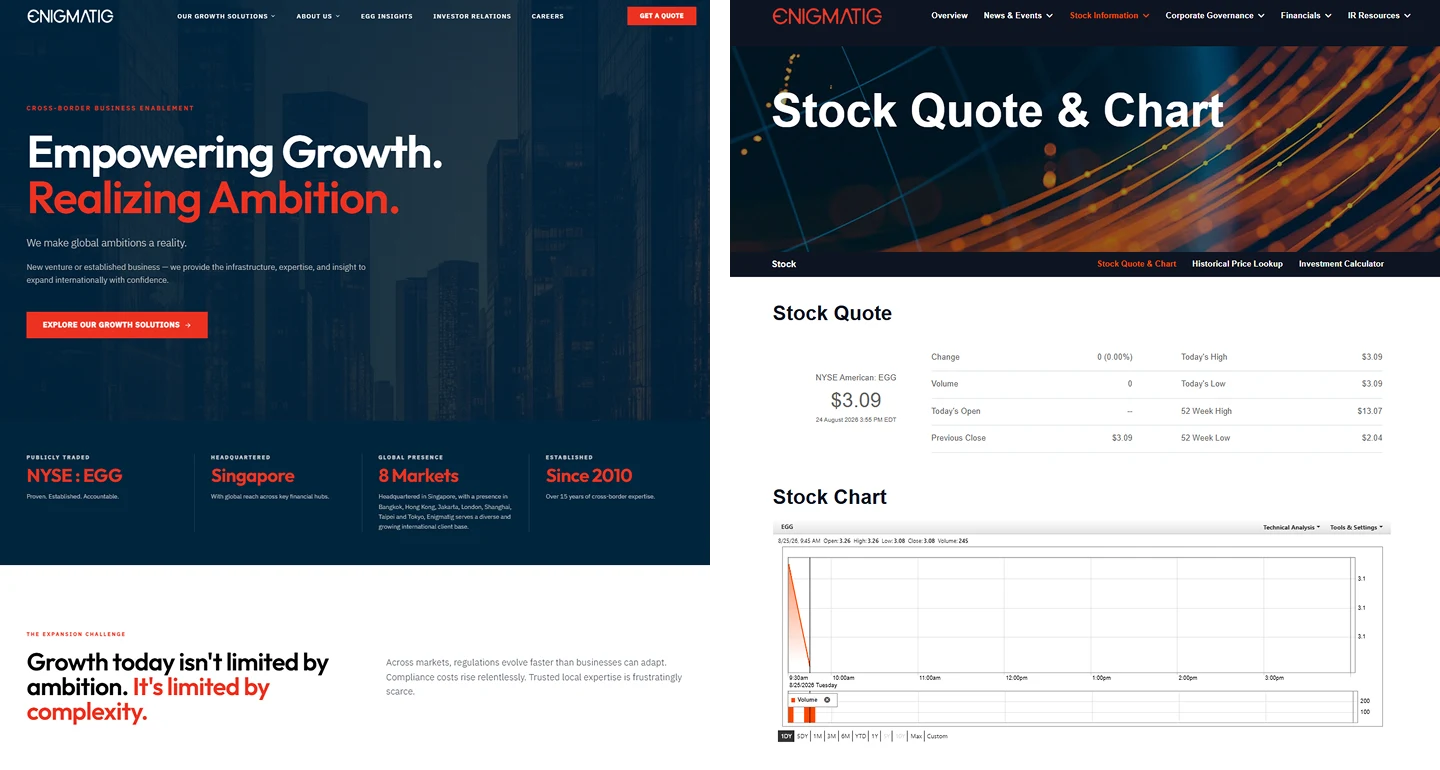 Corporate site and IR site side by side, with mismatched fonts and colors