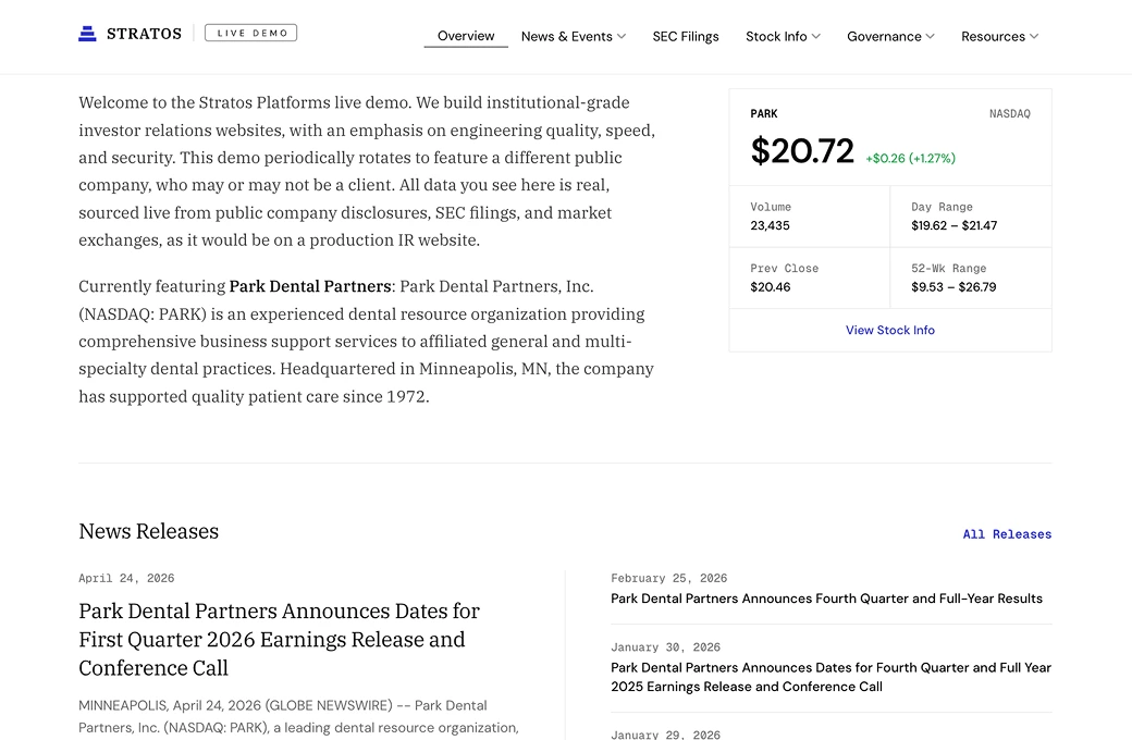 The Stratos demo IR site, showing a company overview with a live stock quote and news releases